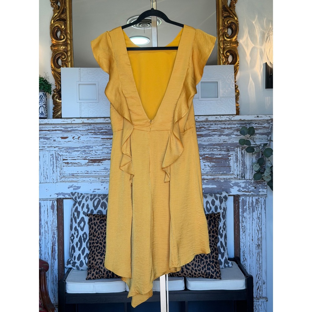 BCBGeneration Mustard Yellow Ruffle Deep V-Back Handkerchief Hem Dress Size 8 - Picture 6 of 6